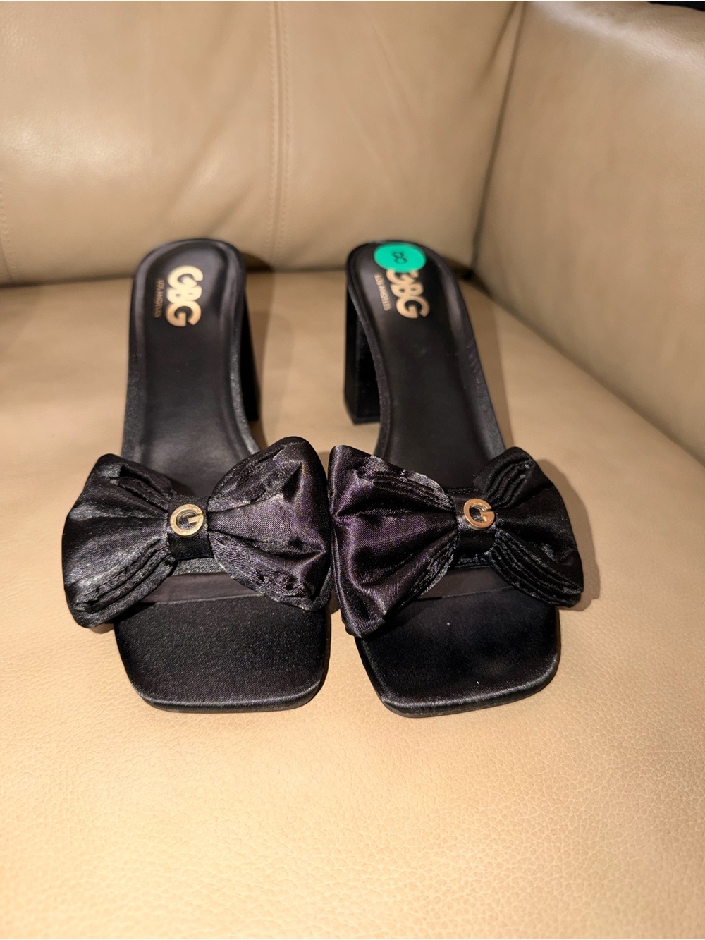 Guess Black Satin Bow Block Heel Slide Sandals